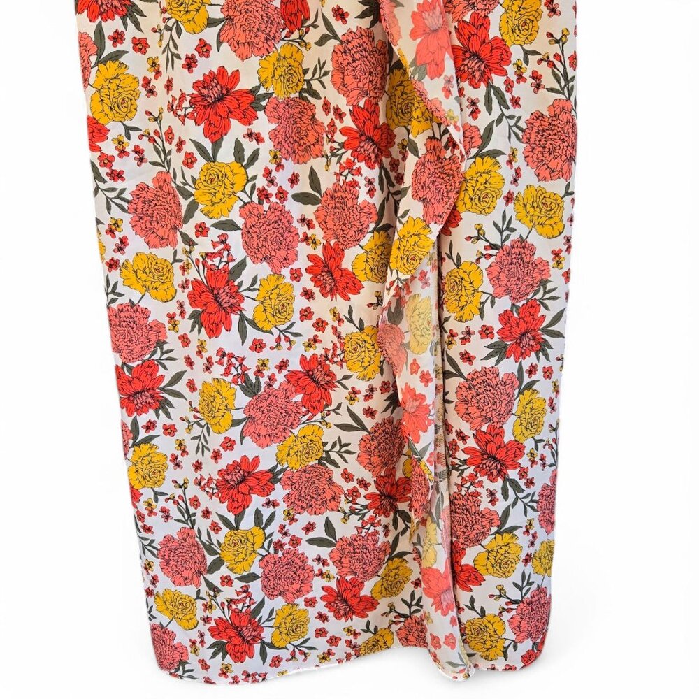 LOFT Floral Midi Dress Faux Wrap Ruffle Adjustable Straps Elastic Waist Large - Picture 6 of 10